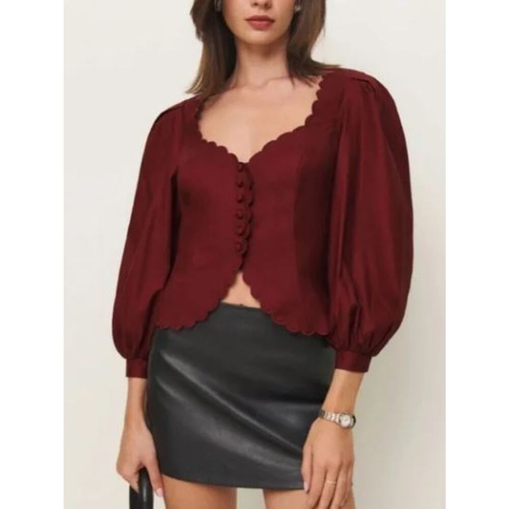 NEW Reformation Elianna Button-Up Blouse Top Cotton Burgundy Red Size 10